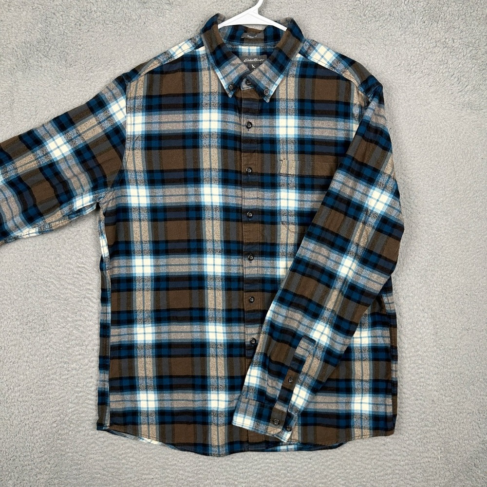 Eddie Bauer Shirt Mens Large Tall Classic Fit Blue Brown Plaid Flannel Button-Up